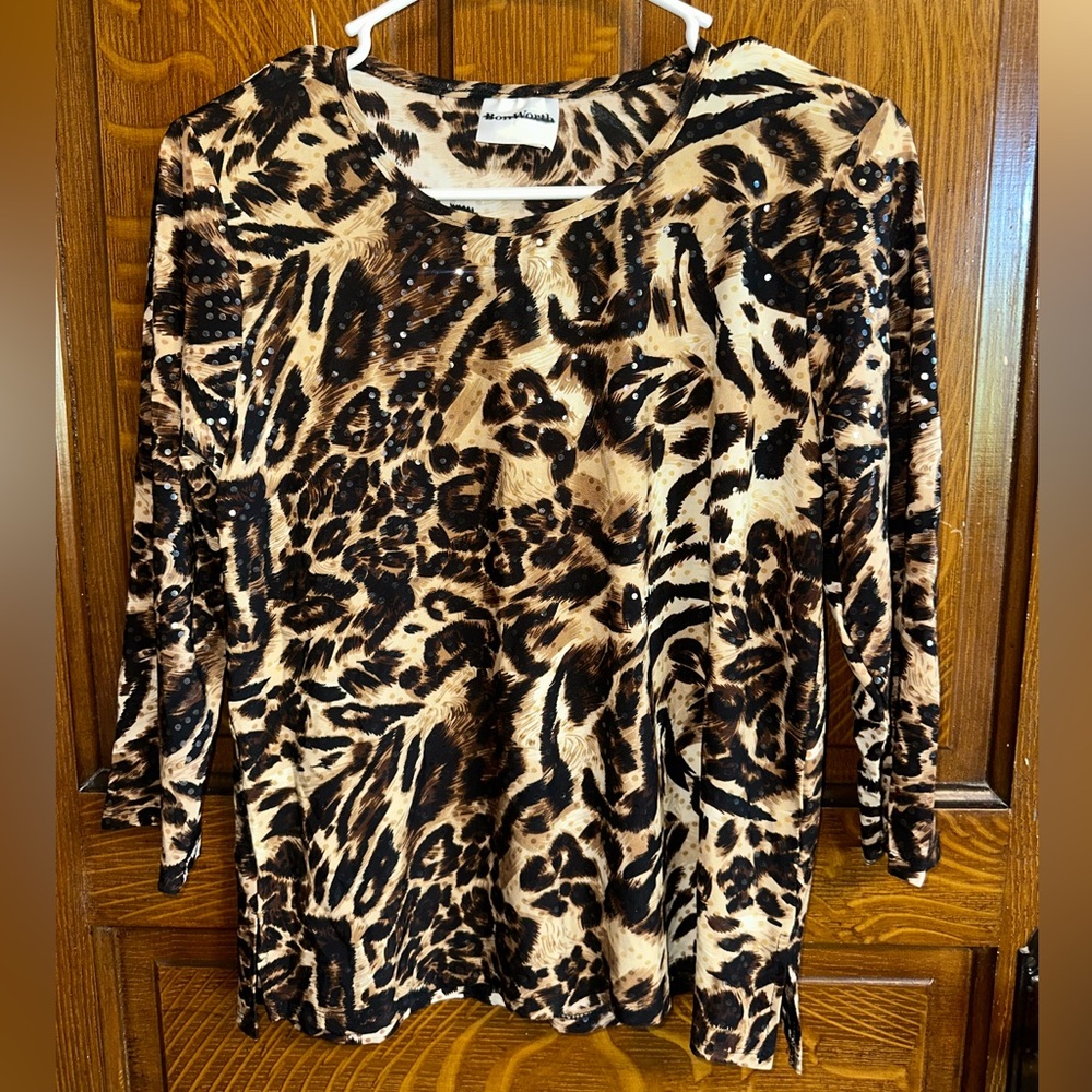 BonWorth Animal Print Long Sleeve Top in Brown and Black